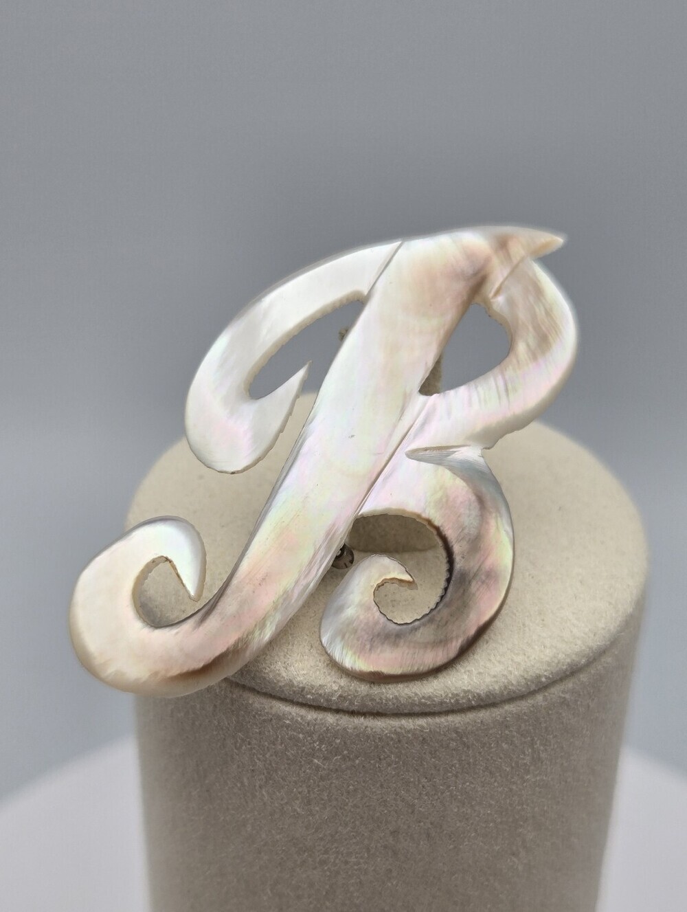 Hand Carved Mother of Pearl Monogram Brooch Initial Letter B Pin 2" Vintage